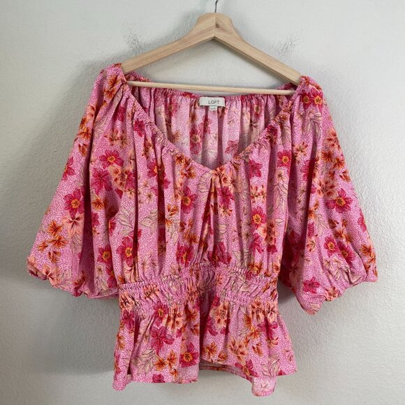 LOFT Womens Plus XXL Floral Pink Lily Gathered Waist V Neck Blouse Shirt Top - Picture 9 of 14
